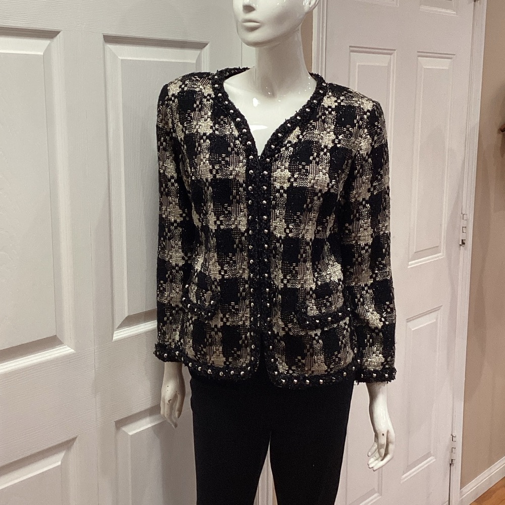 St. John Chic Black and Cream Plaid Jacket with Metallic Thread and Metal Studs